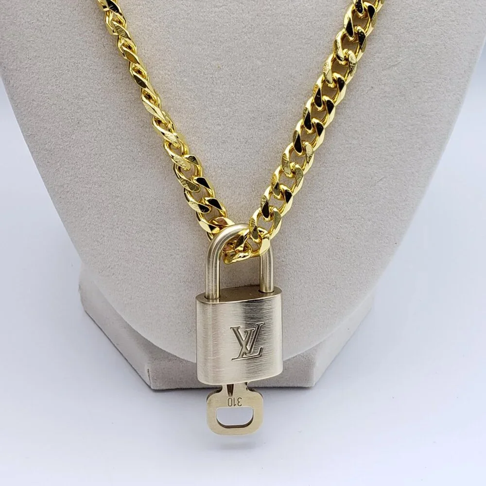 Stainless Steel Gold-Plated Necklace with Authentic Louis Vuitton Padlock